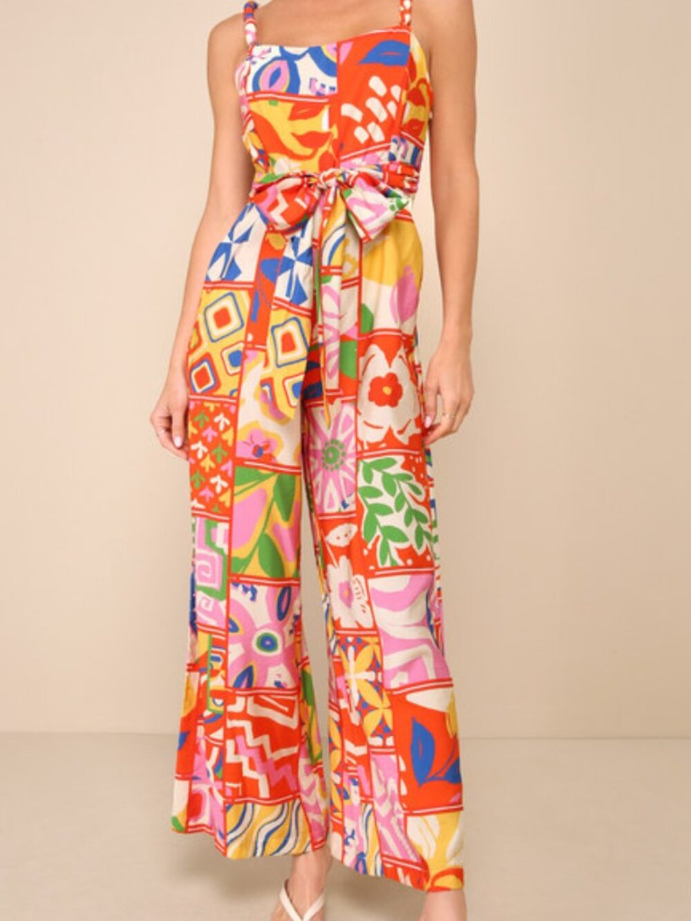 (XL) Lulu's Red Multi Print Sleeveless Wide-Leg Jumpsuit